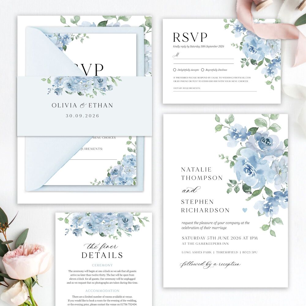 Dusky Blue Floral Wedding Invitation Sample