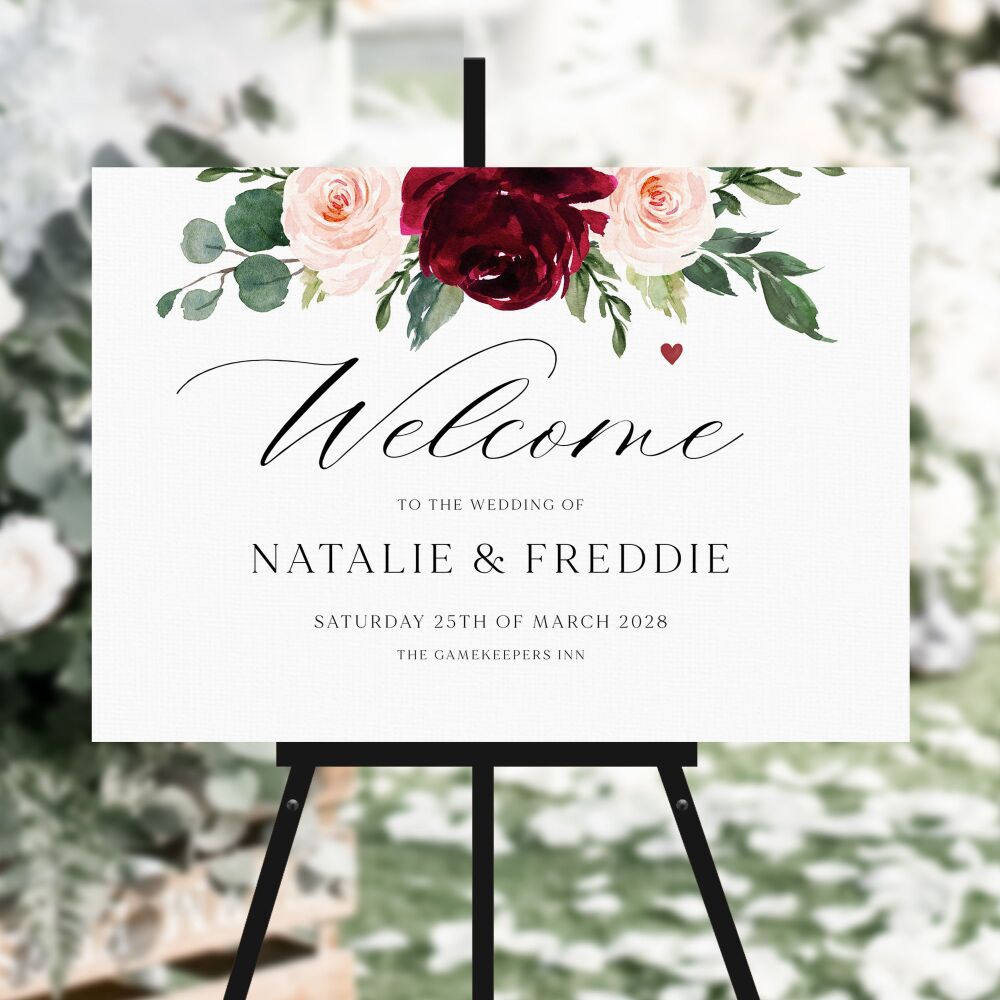 Blush & Burgundy Florals Welcome Sign