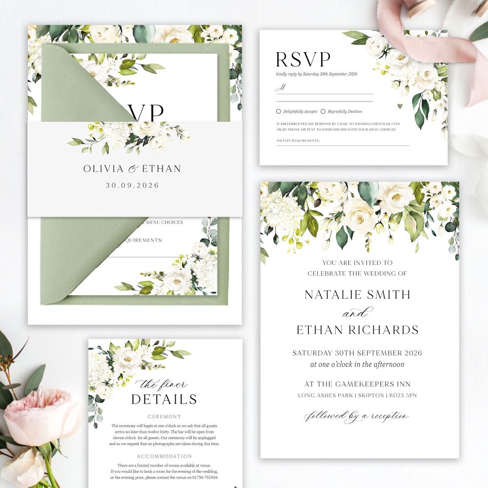 Ivory Florals & Botanicals Wedding Invitation Sample