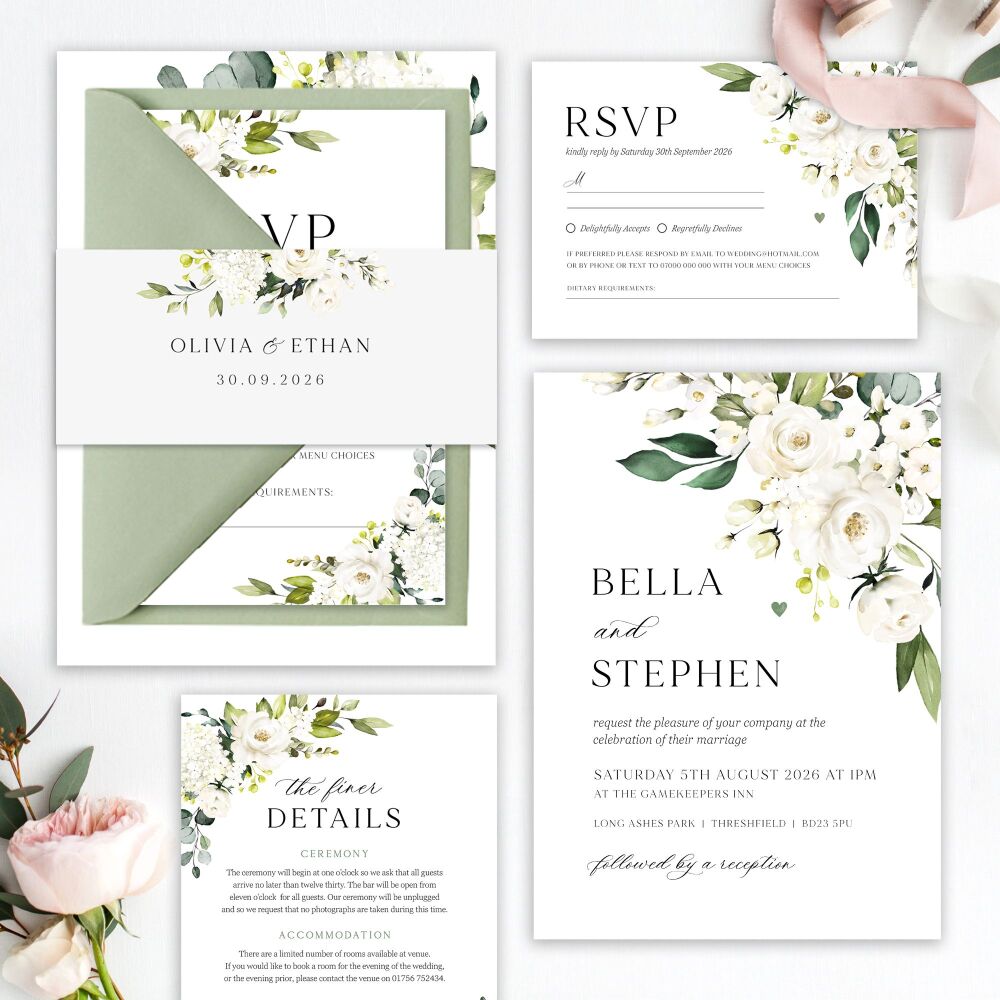 Ivory Florals & Botanicals Wedding Invitation Sample