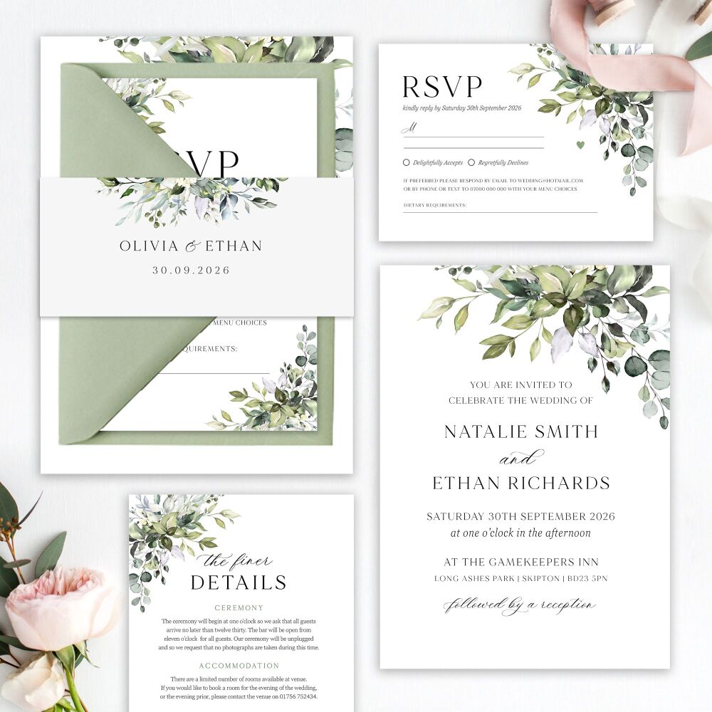 Eucalyptus Bouquet Wedding Invitation Sample