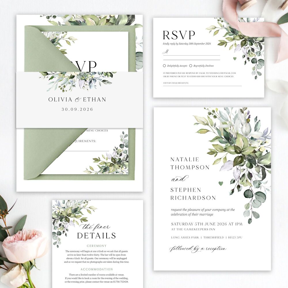 Eucalyptus Bouquet Wedding Invitation Sample