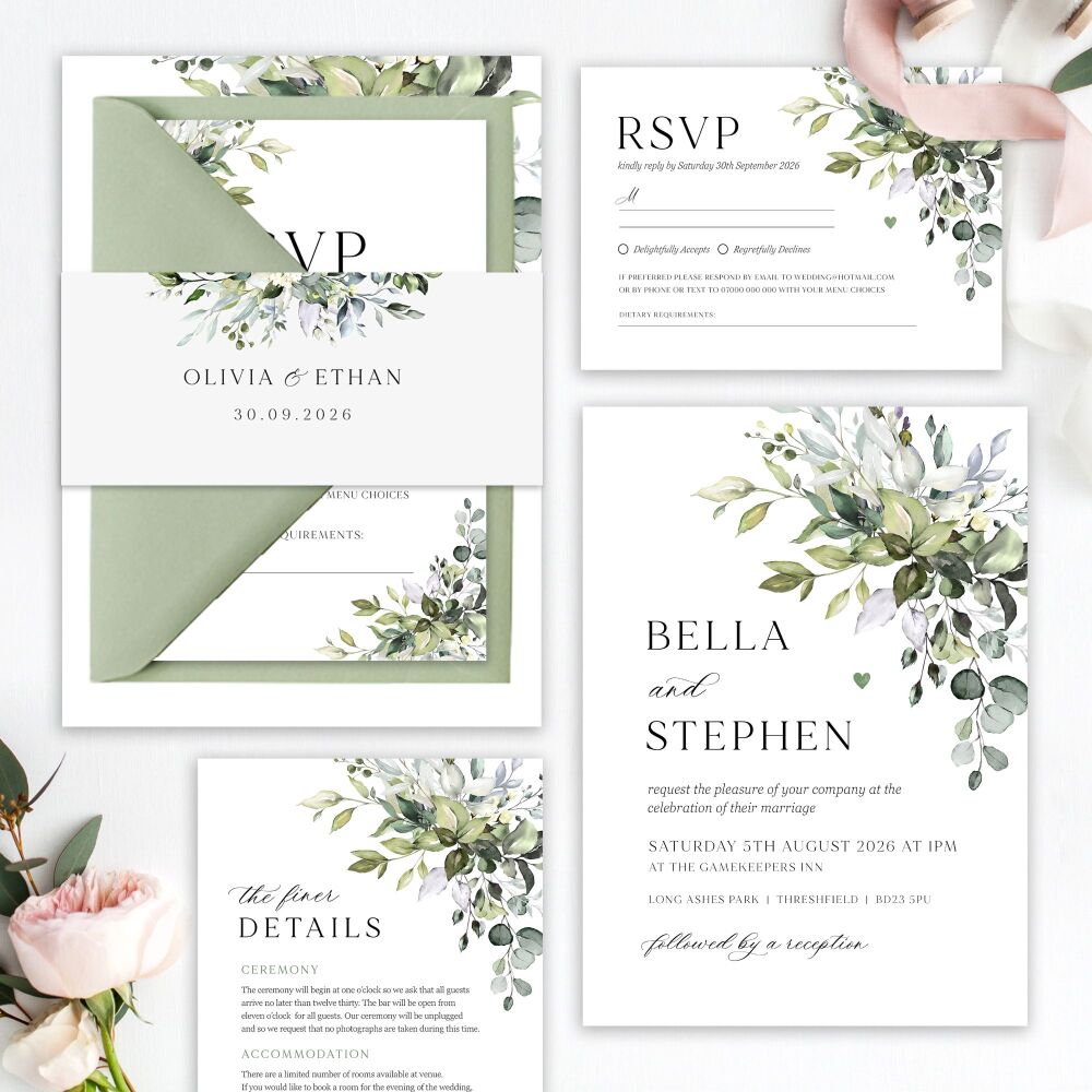 Eucalyptus Bouquet Wedding Invitation Sample