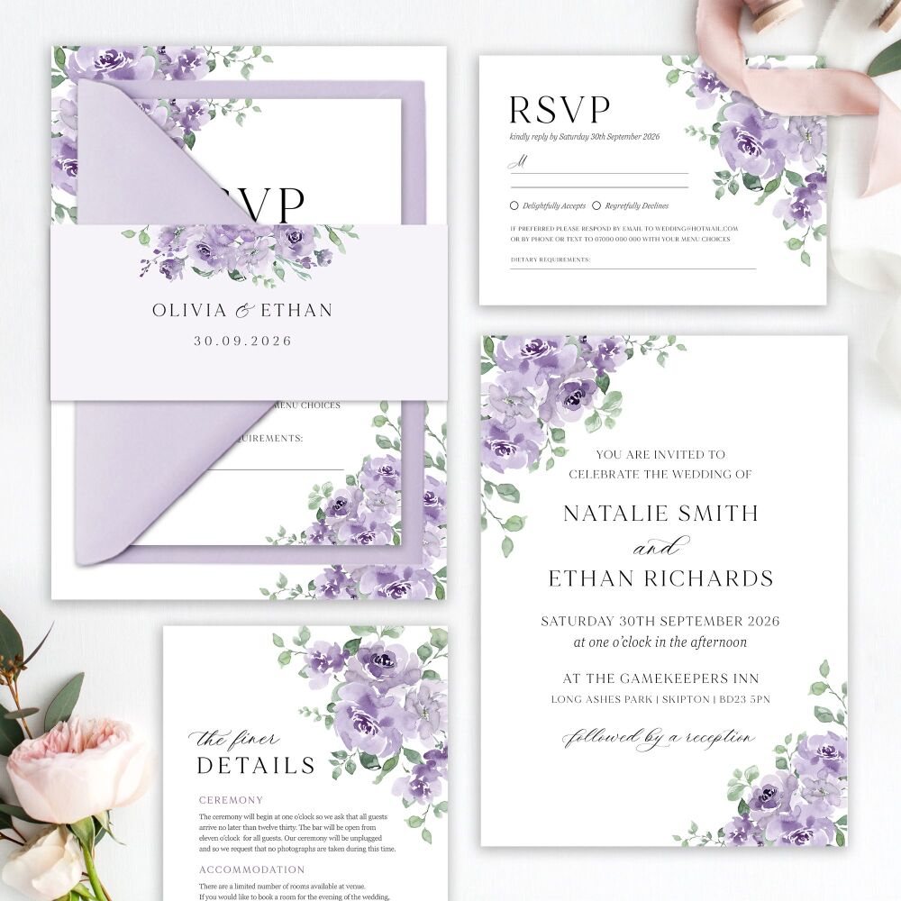 Dusky Mauve Floral Wedding Invitation Sample