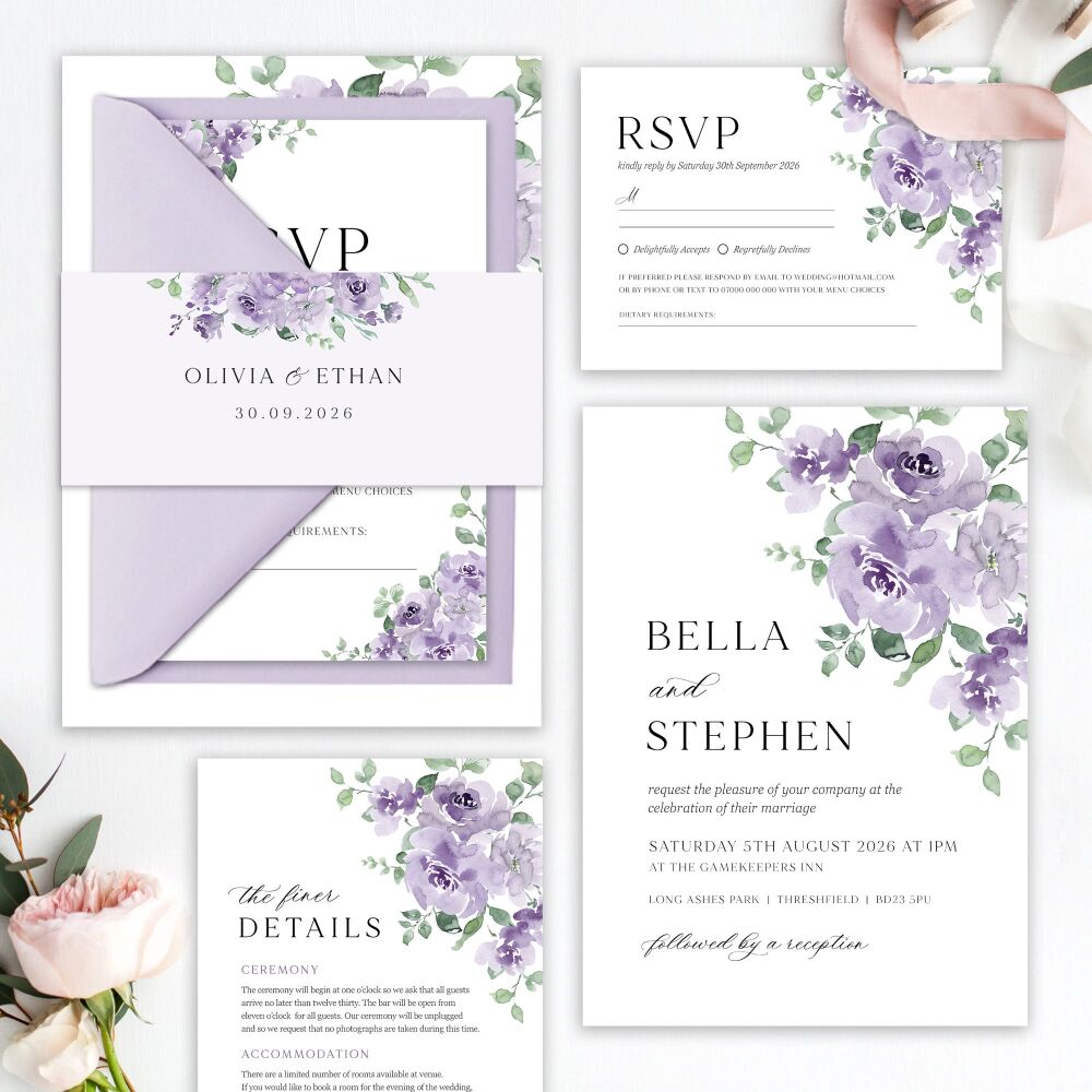 Dusky Mauve Floral Wedding Invitation Sample