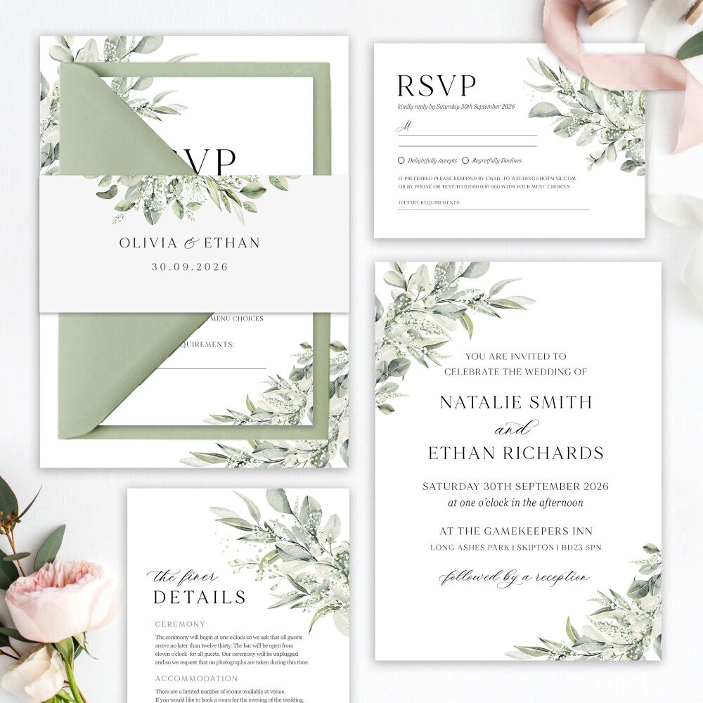 Sage & Gypsophilia Wedding Invitation Sample