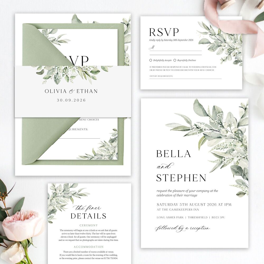 Sage & Gypsophilia Wedding Invitation Sample