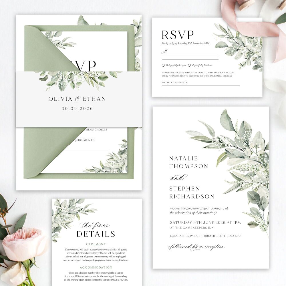 Sage & Gypsophilia Wedding Invitation Sample