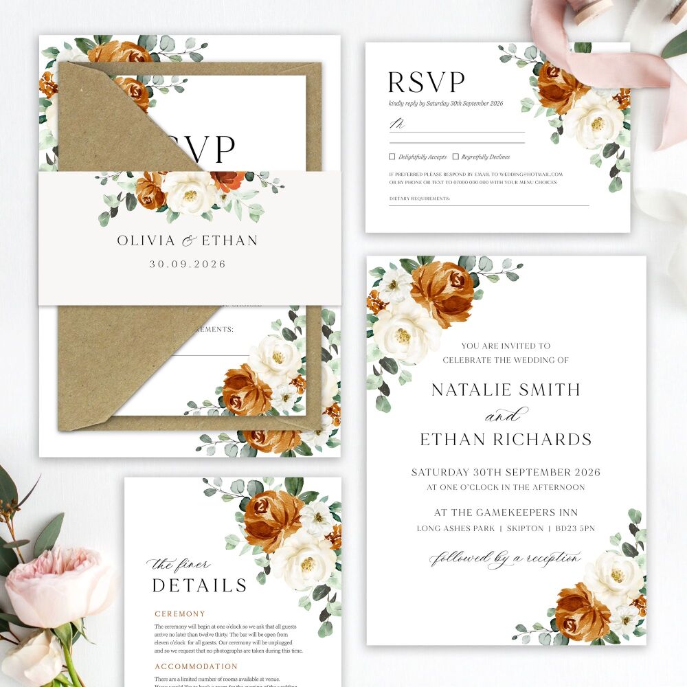 Burnt Orange & Eucalyptus Wedding Invitation Sample