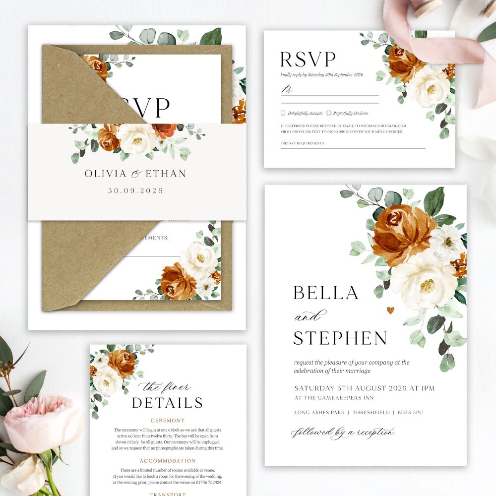 Burnt Orange & Eucalyptus Wedding Invitation Sample