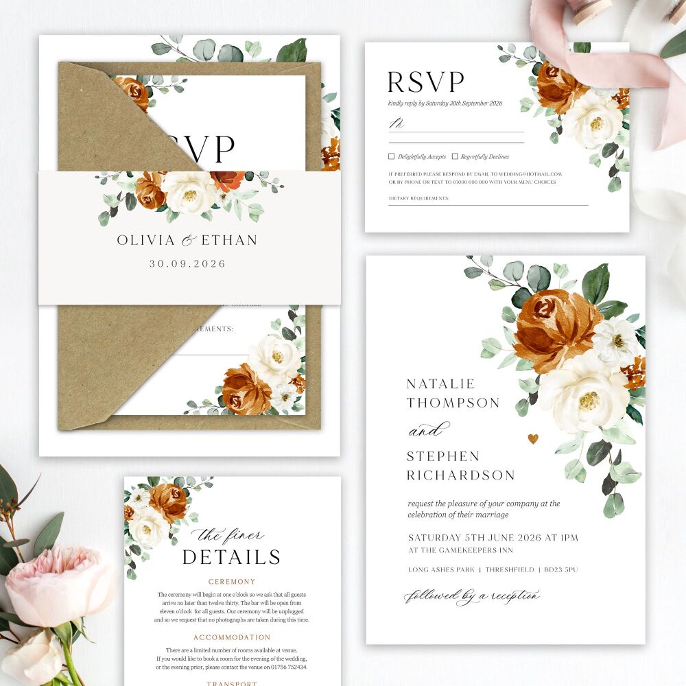 Burnt Orange & Eucalyptus Wedding Invitation Sample