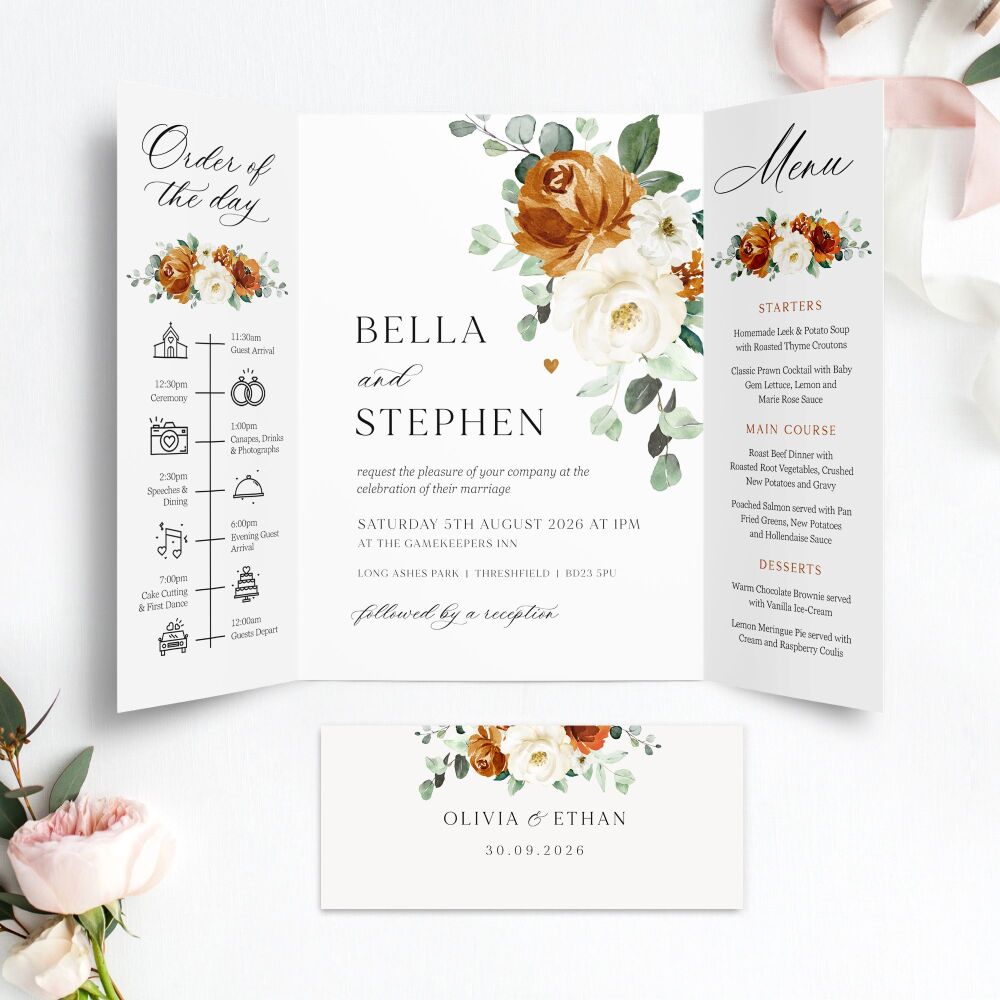 Burnt Orange & Eucalyptus Wedding Invitation Sample