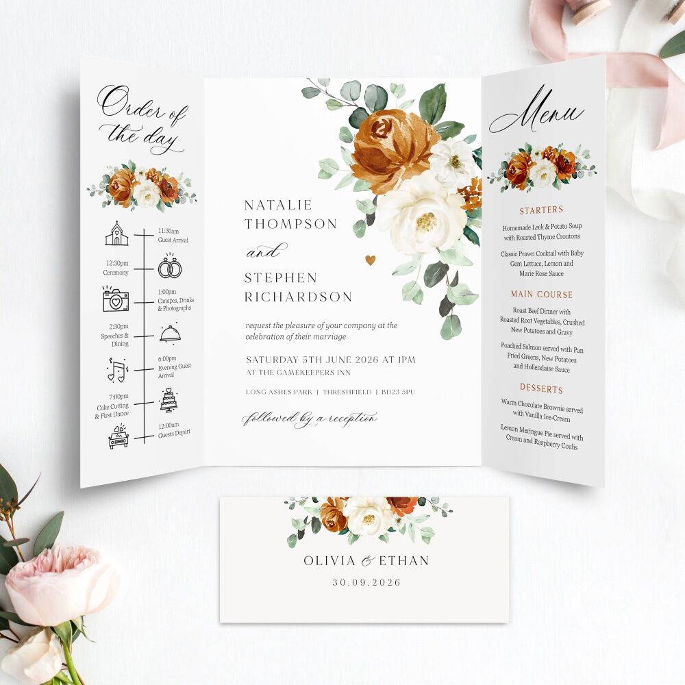 Burnt Orange & Eucalyptus Wedding Invitation Sample