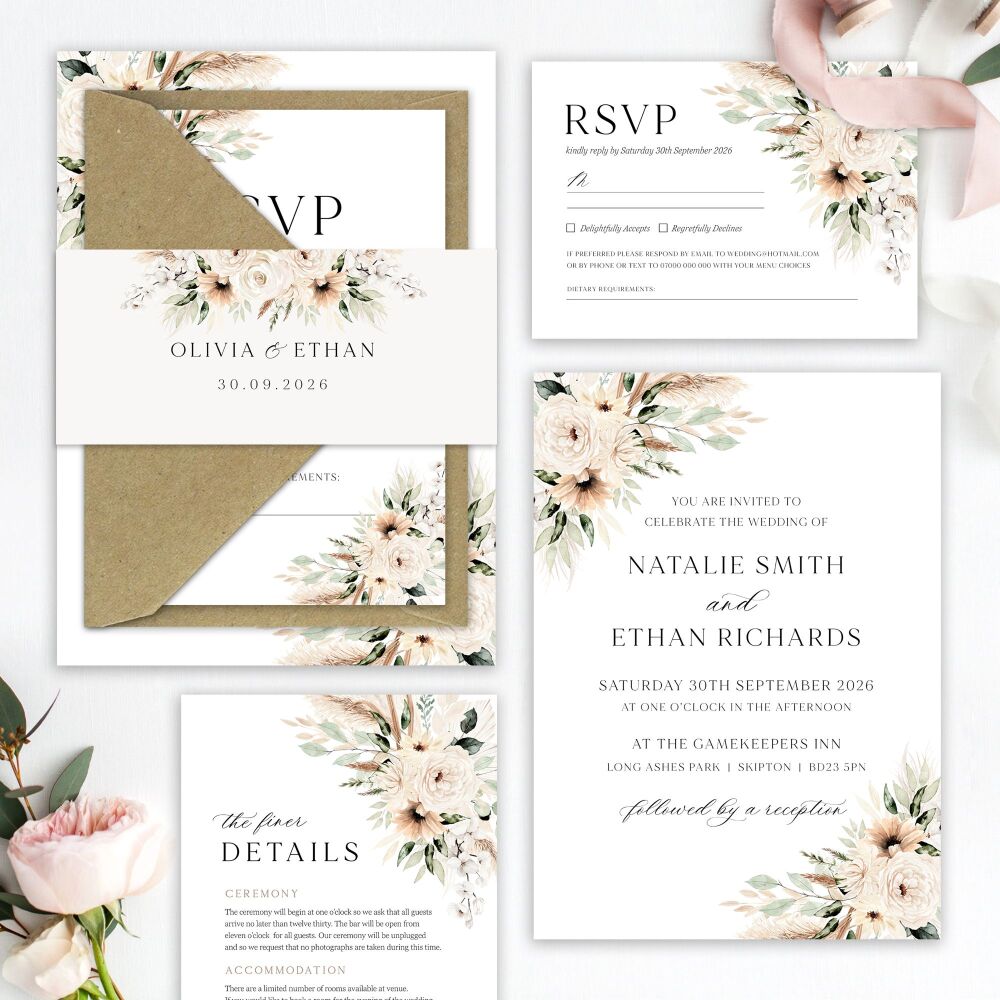 Pampas & Neutral Florals Wedding Invitation Sample