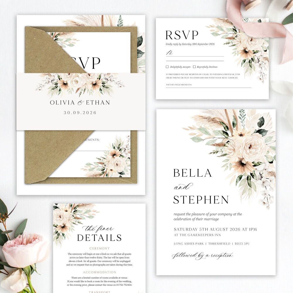 Pampas & Neutral Florals Wedding Invitation Sample