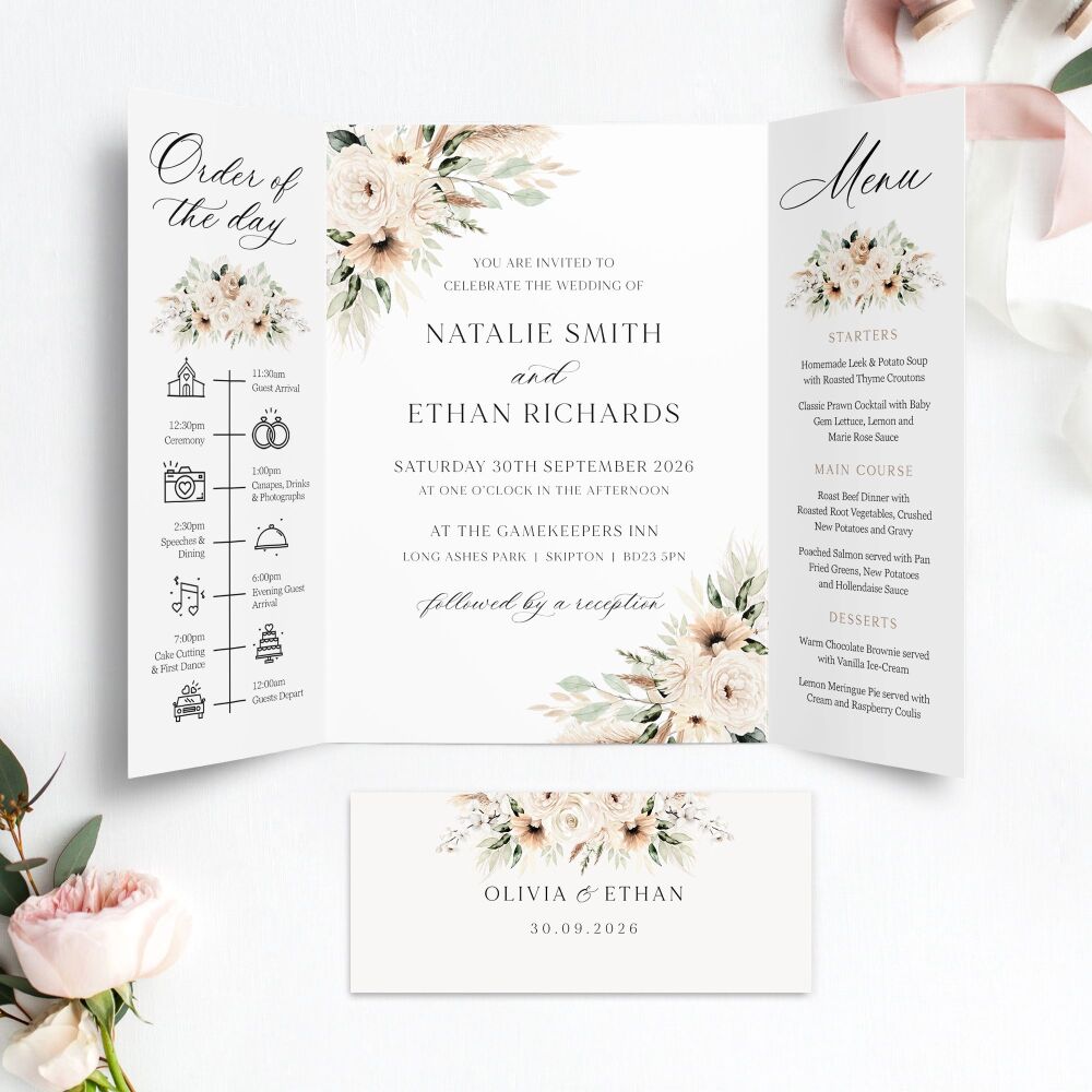 Pampas & Neutral Florals Wedding Invitation Sample