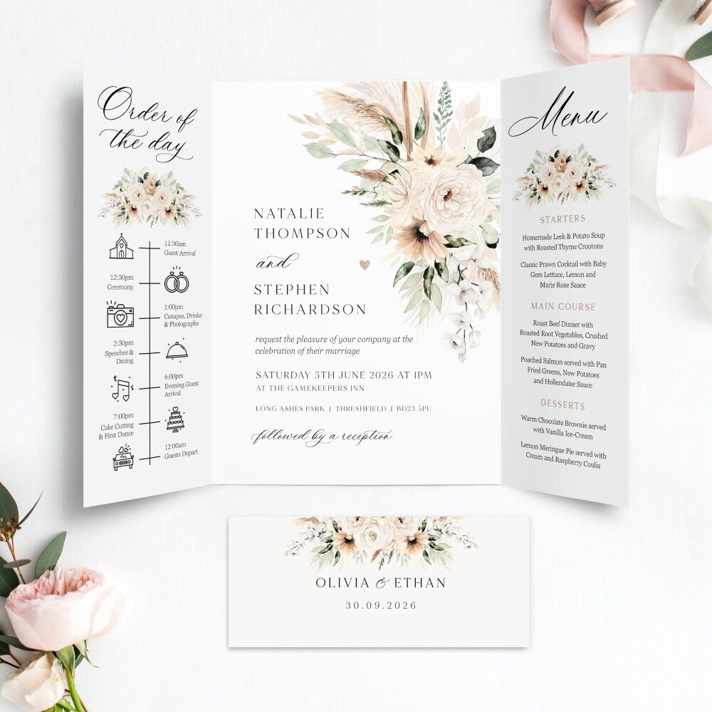 Pampas & Neutral Florals Wedding Invitation Sample