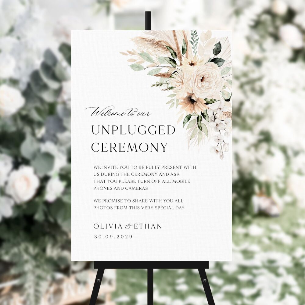 Pampas & Neutral Florals Unplugged Ceremony Sign