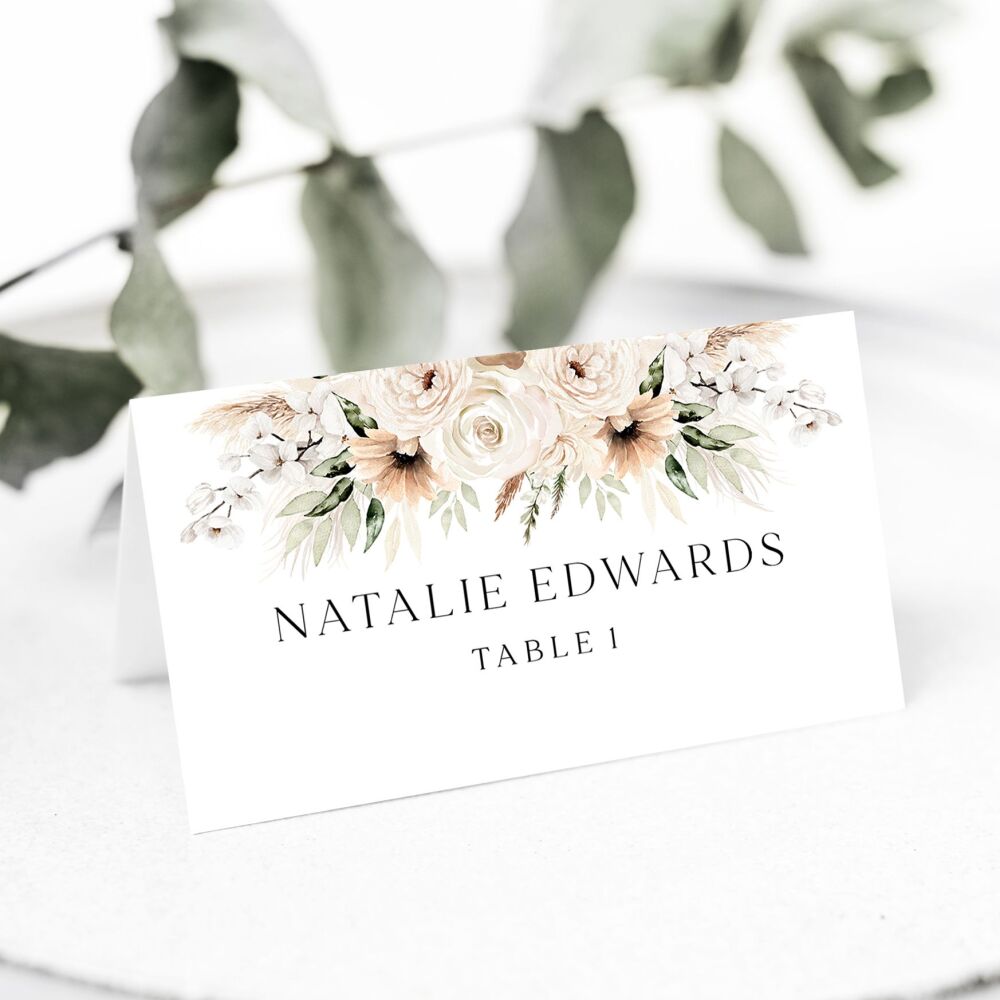 Pampas & Neutral Florals Place Name Card