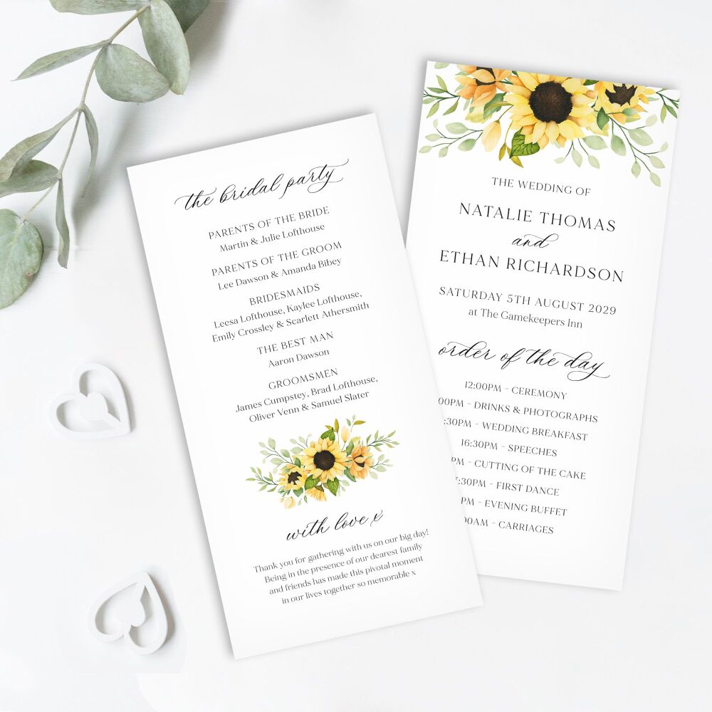 Pretty Sunflowers Order of Service Card