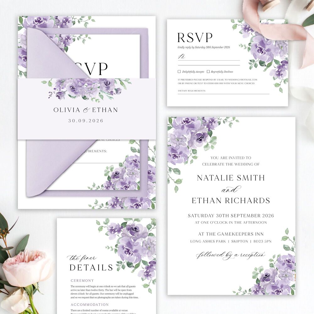Dusky Mauve Floral Wedding Invitation Sample