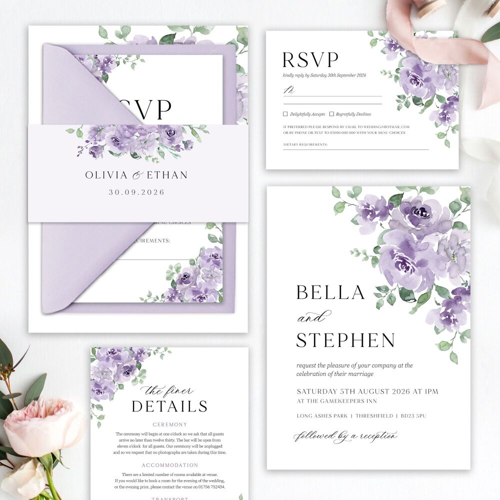 Dusky Mauve Floral Wedding Invitation Sample