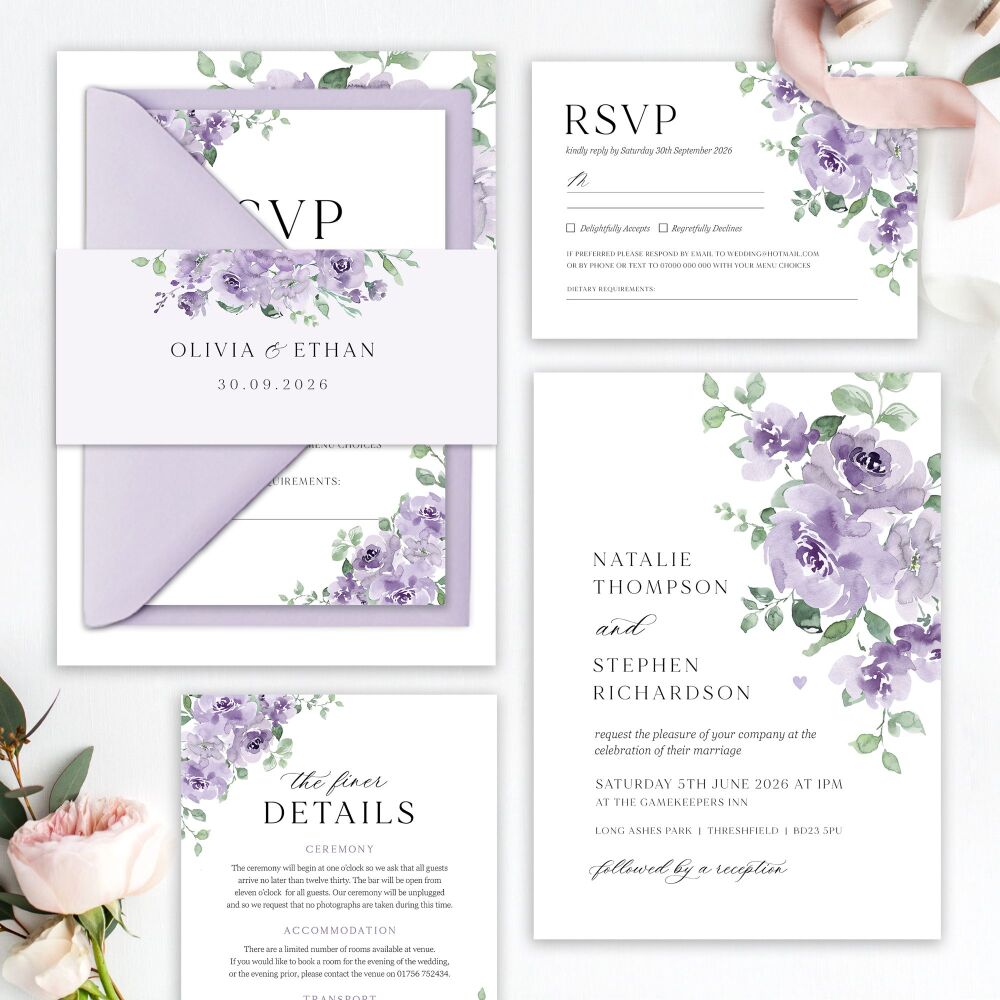 Dusky Mauve Floral Wedding Invitation Sample