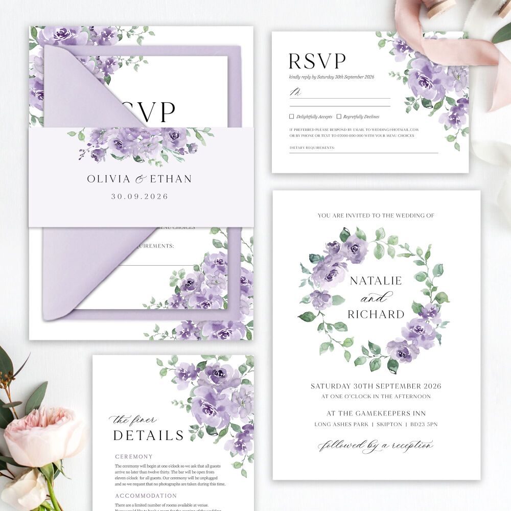 Dusky Mauve Floral Wedding Invitation Sample