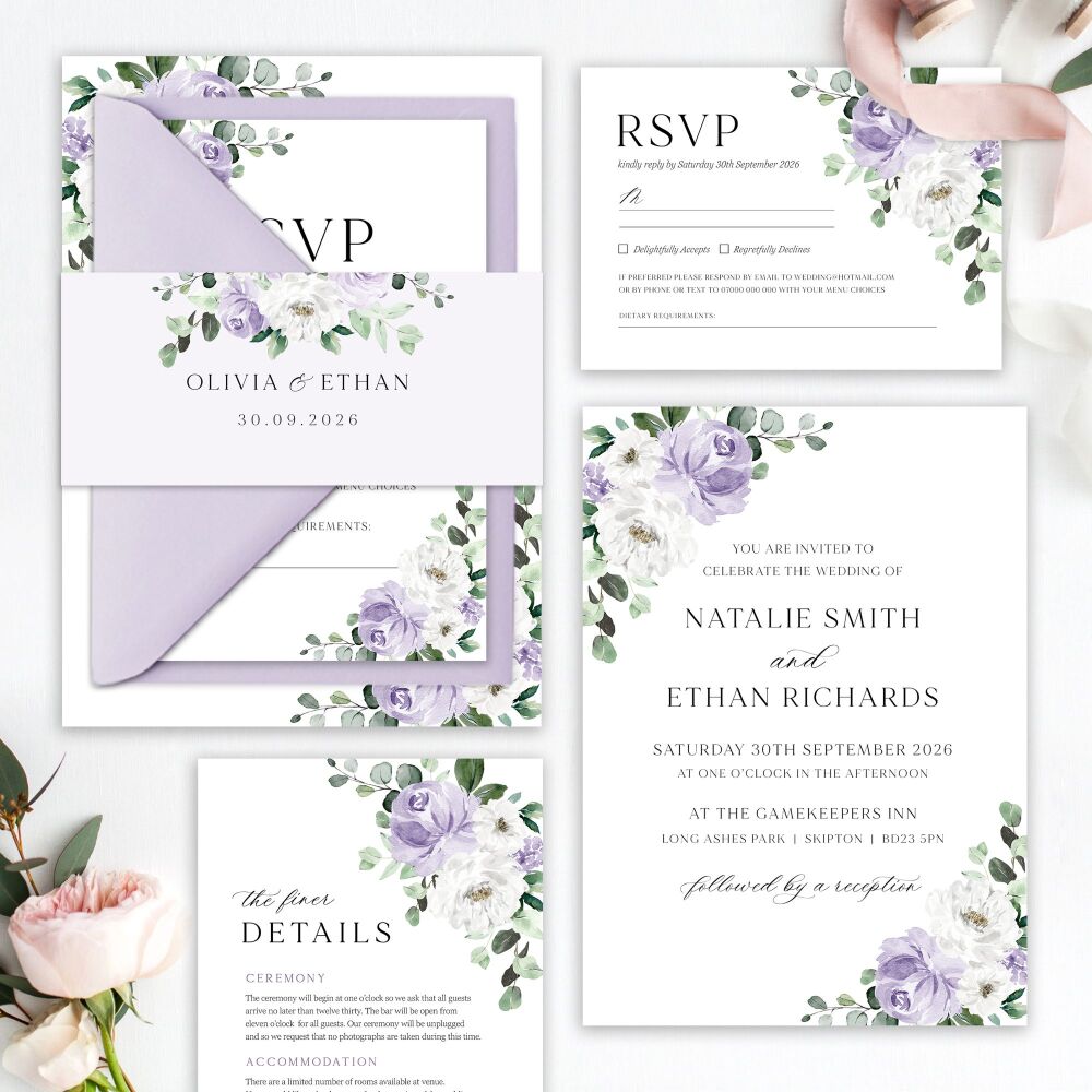 Lilac Florals & Eucalyptus Wedding Invitation Sample