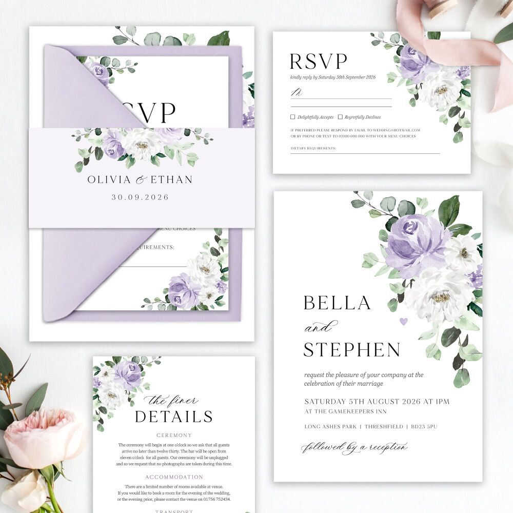 Lilac Florals & Eucalyptus Wedding Invitation Sample