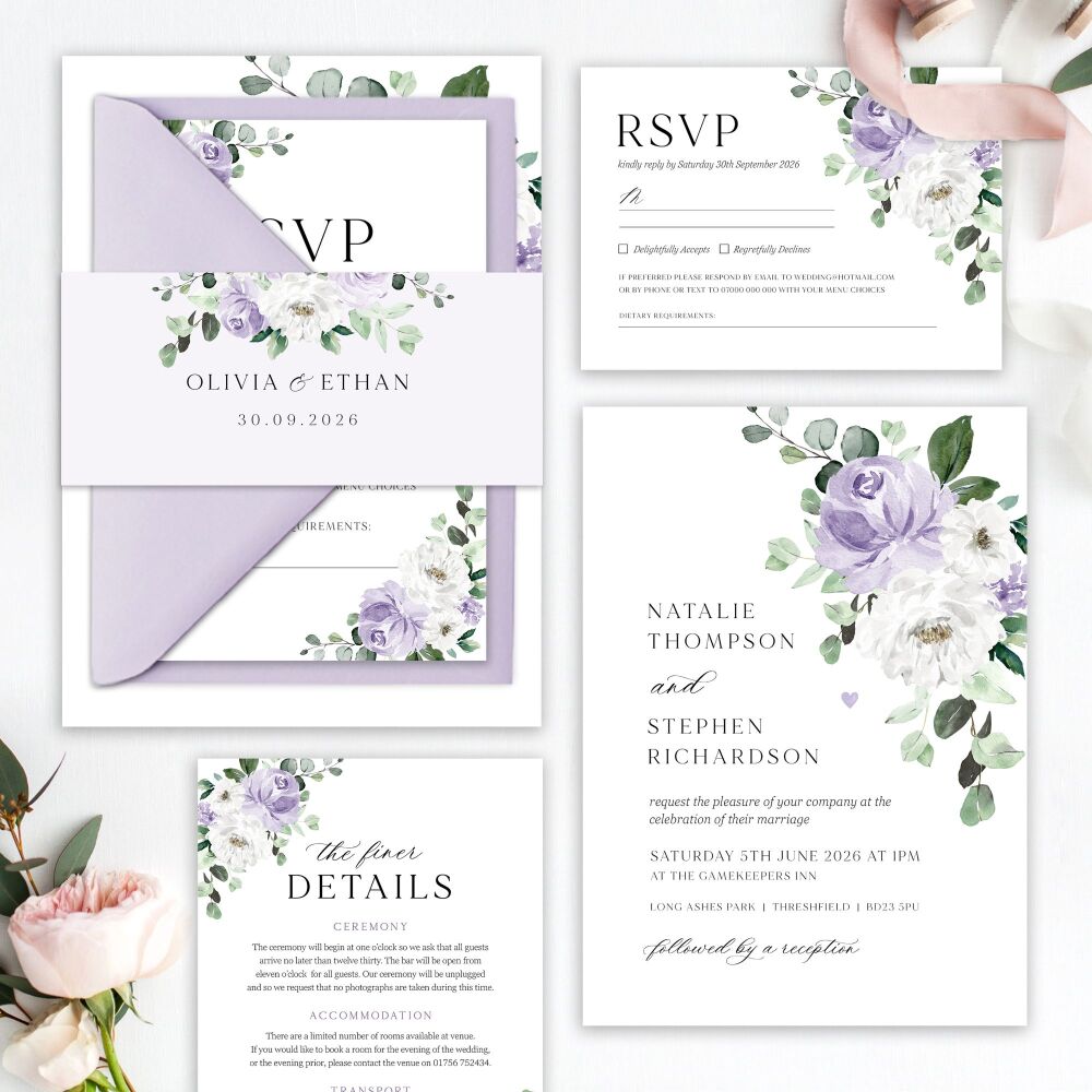 Lilac Florals & Eucalyptus Wedding Invitation Sample