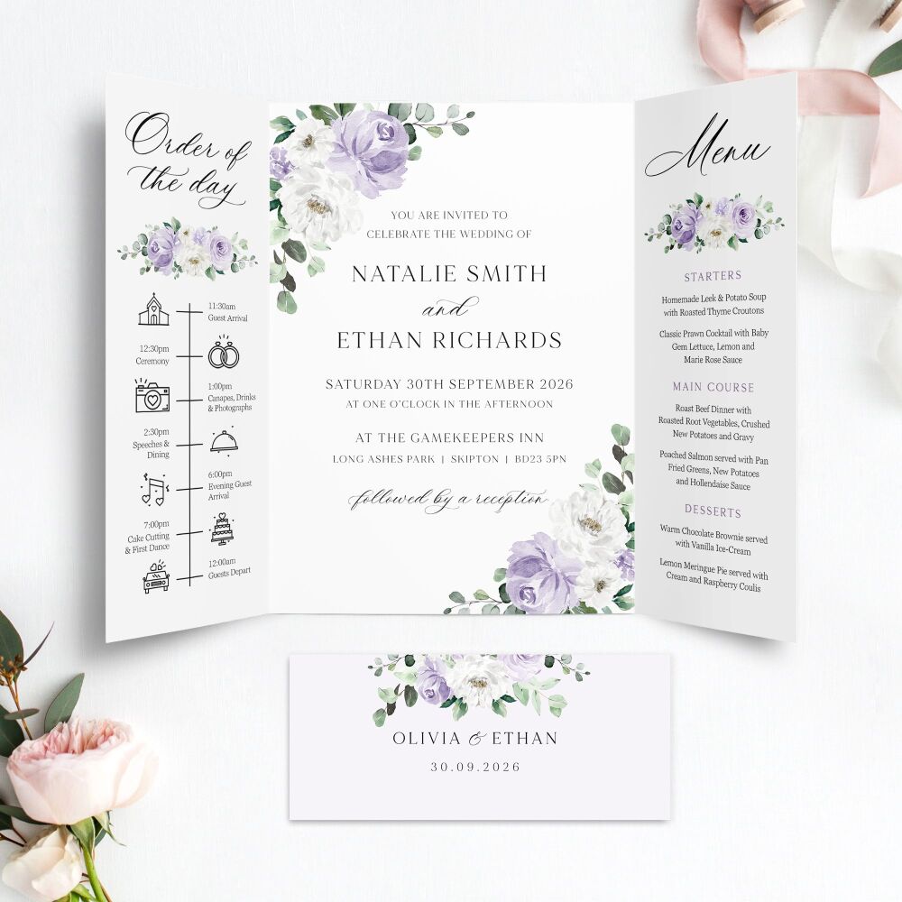 Lilac Florals & Eucalyptus Wedding Invitation Sample