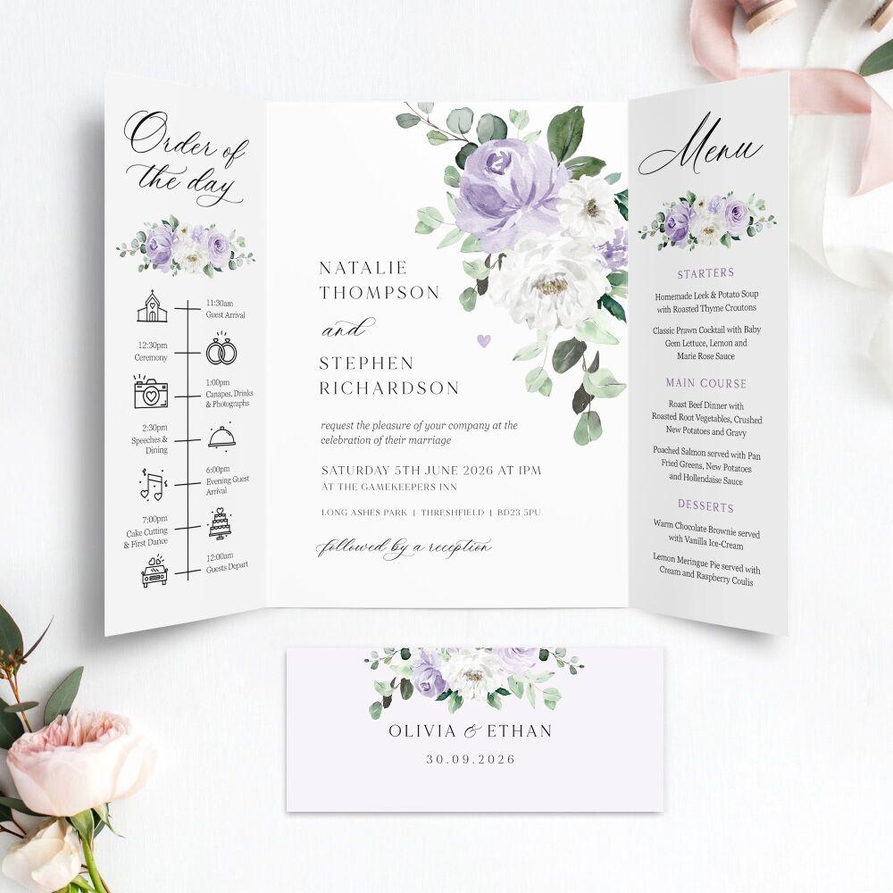 Lilac Florals & Eucalyptus Wedding Invitation Sample