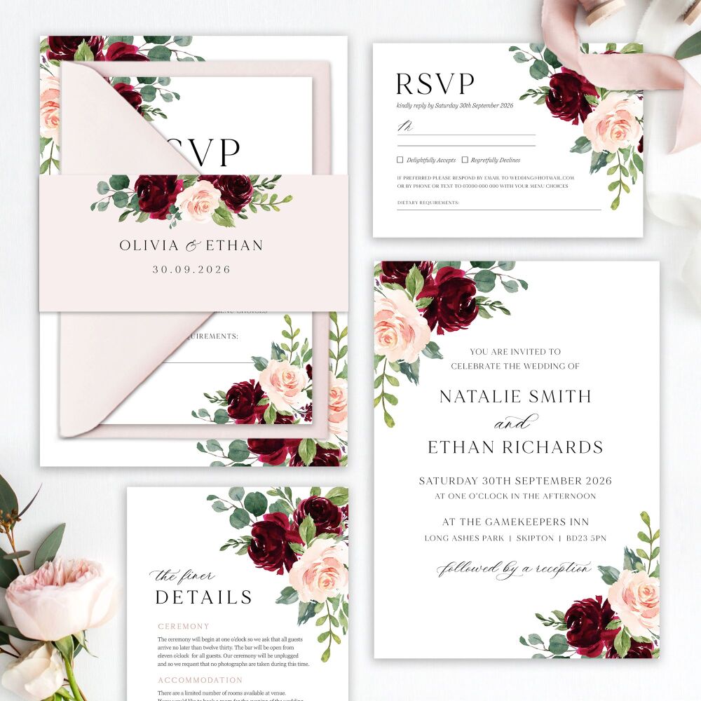 Blush & Burgundy Florals Wedding Invitation Sample