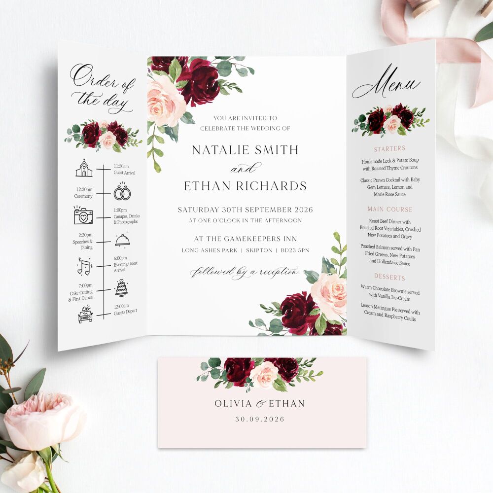 Blush & Burgundy Florals Wedding Invitation Sample