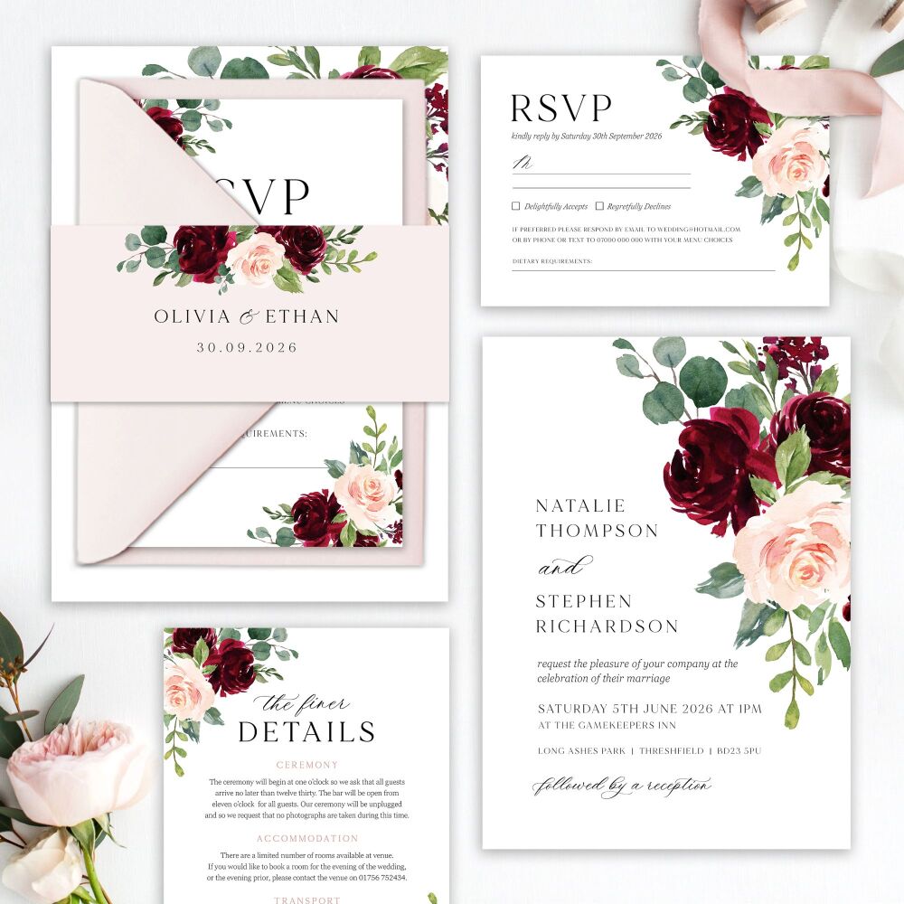 Blush & Burgundy Florals Wedding Invitation Sample