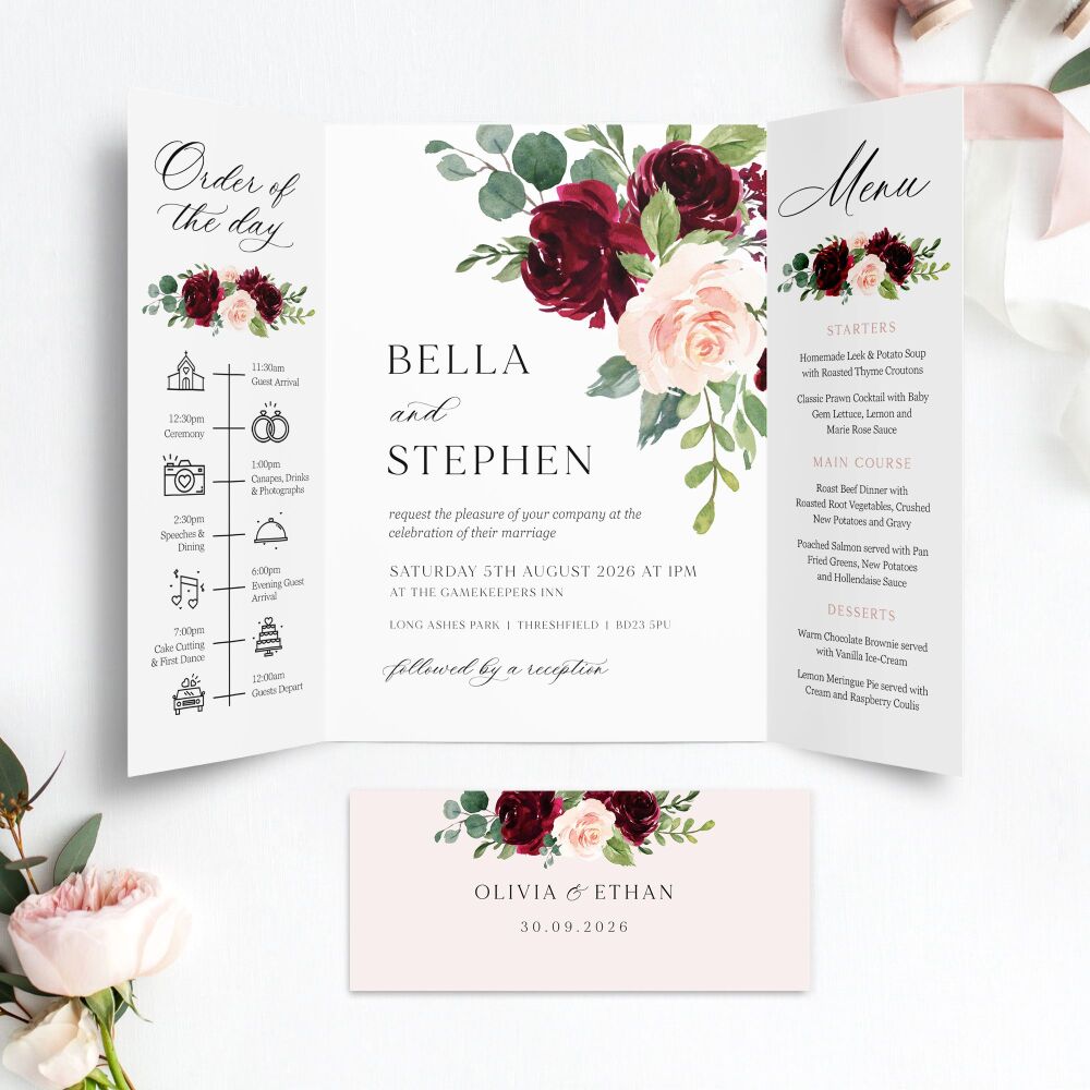 Blush & Burgundy Florals Wedding Invitation Sample