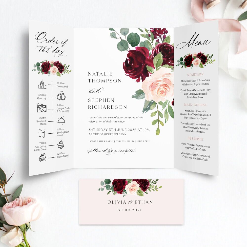 Blush & Burgundy Florals Wedding Invitation Sample