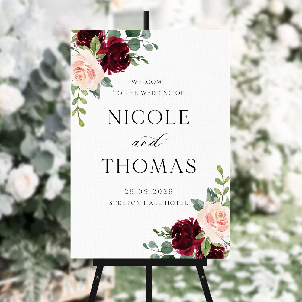 Blush & Burgundy Florals Welcome Sign