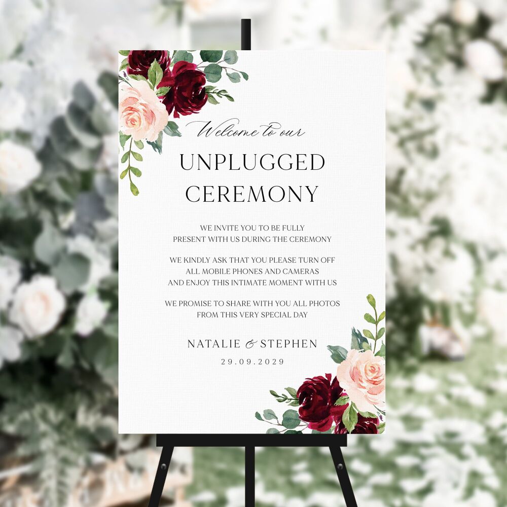 Blush & Burgundy Florals Unplugged Ceremony Sign