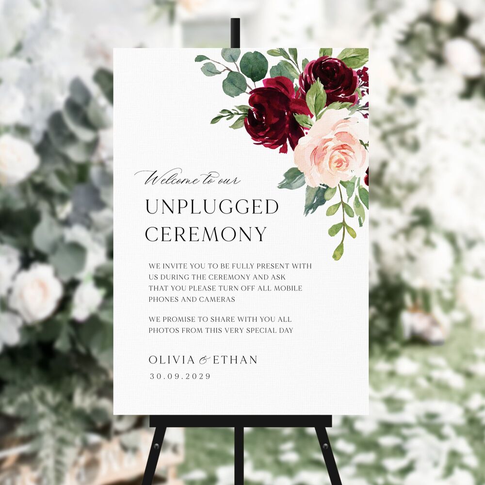 Blush & Burgundy Florals Unplugged Ceremony Sign