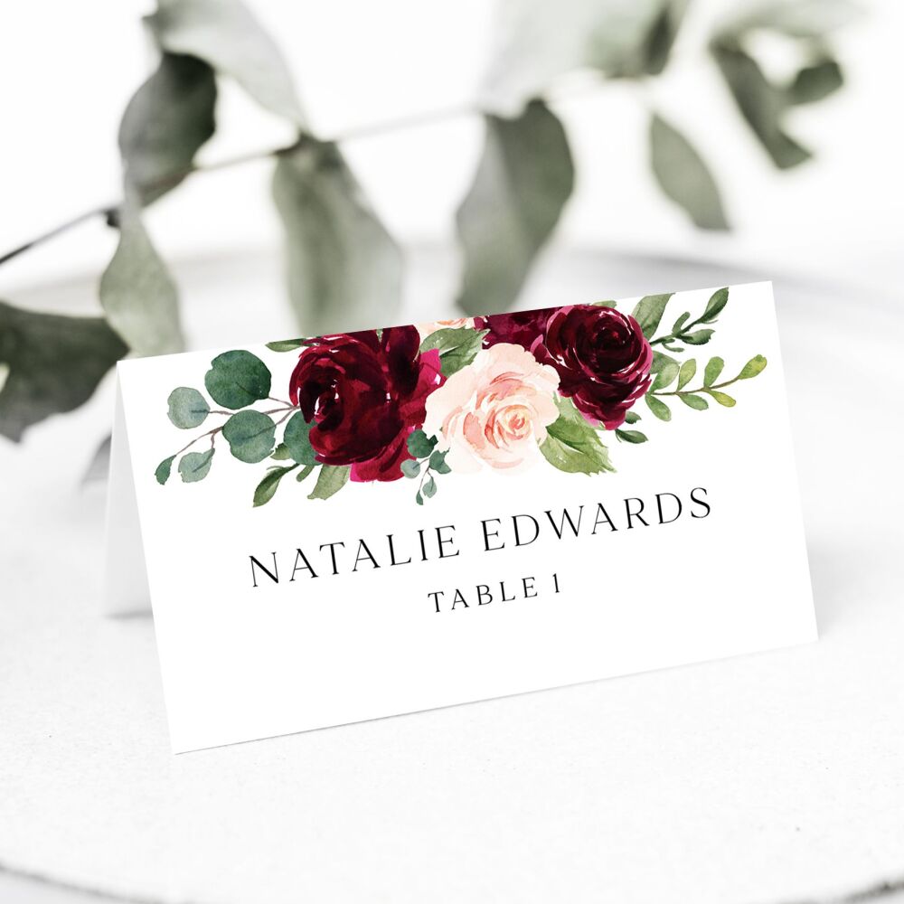 Blush & Burgundy Florals Place Name Card