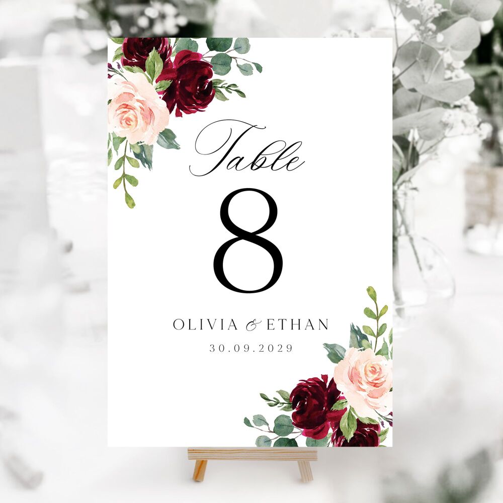 Blush & Burgundy Florals Table Numbers