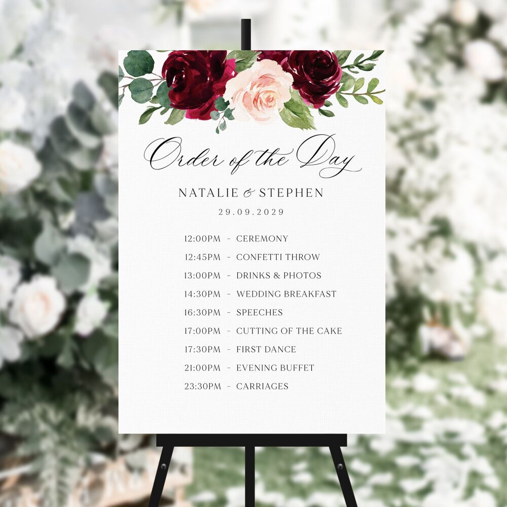 Blush & Burgundy Florals Order of the Day Sign