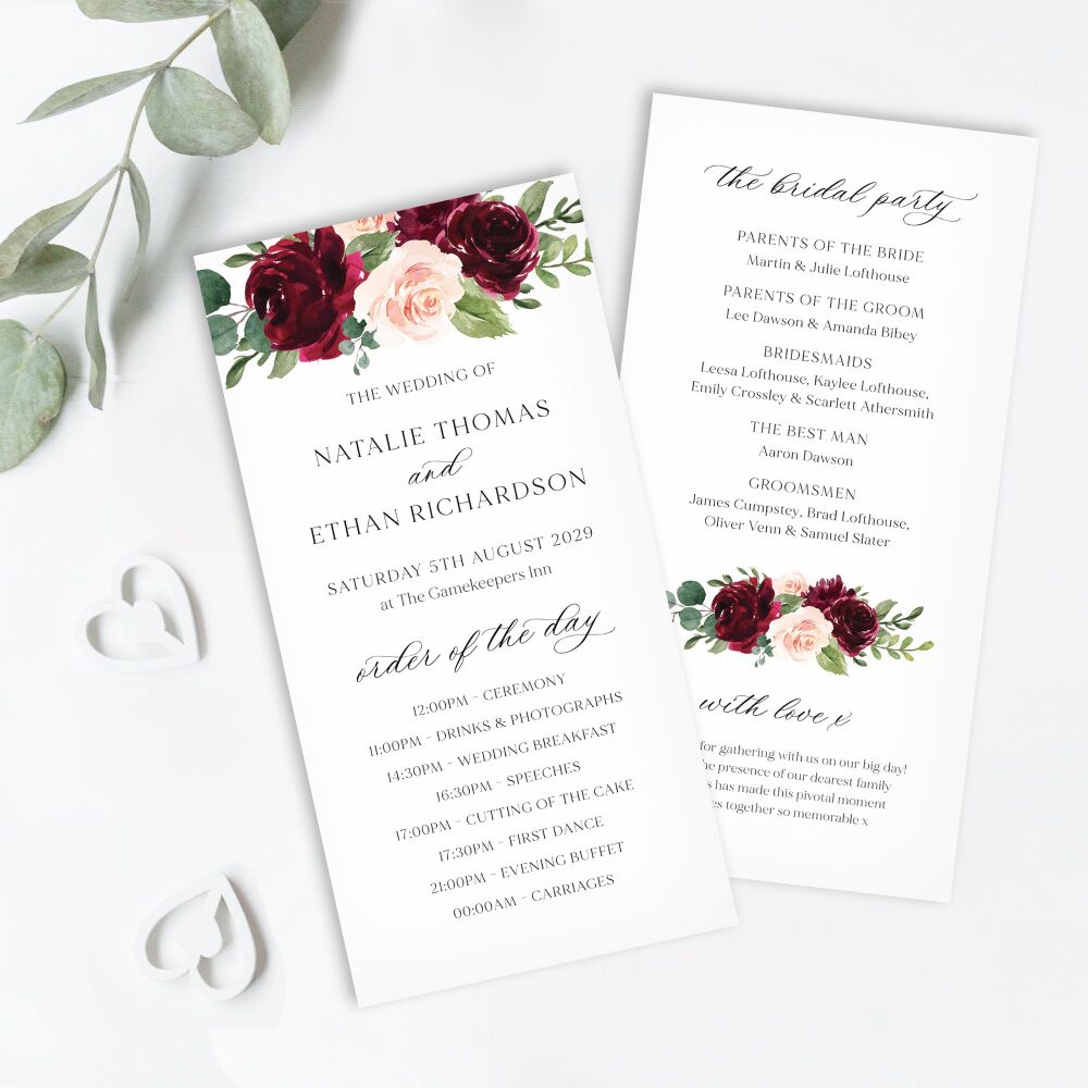 Blush & Burgundy Florals Order of Service Card