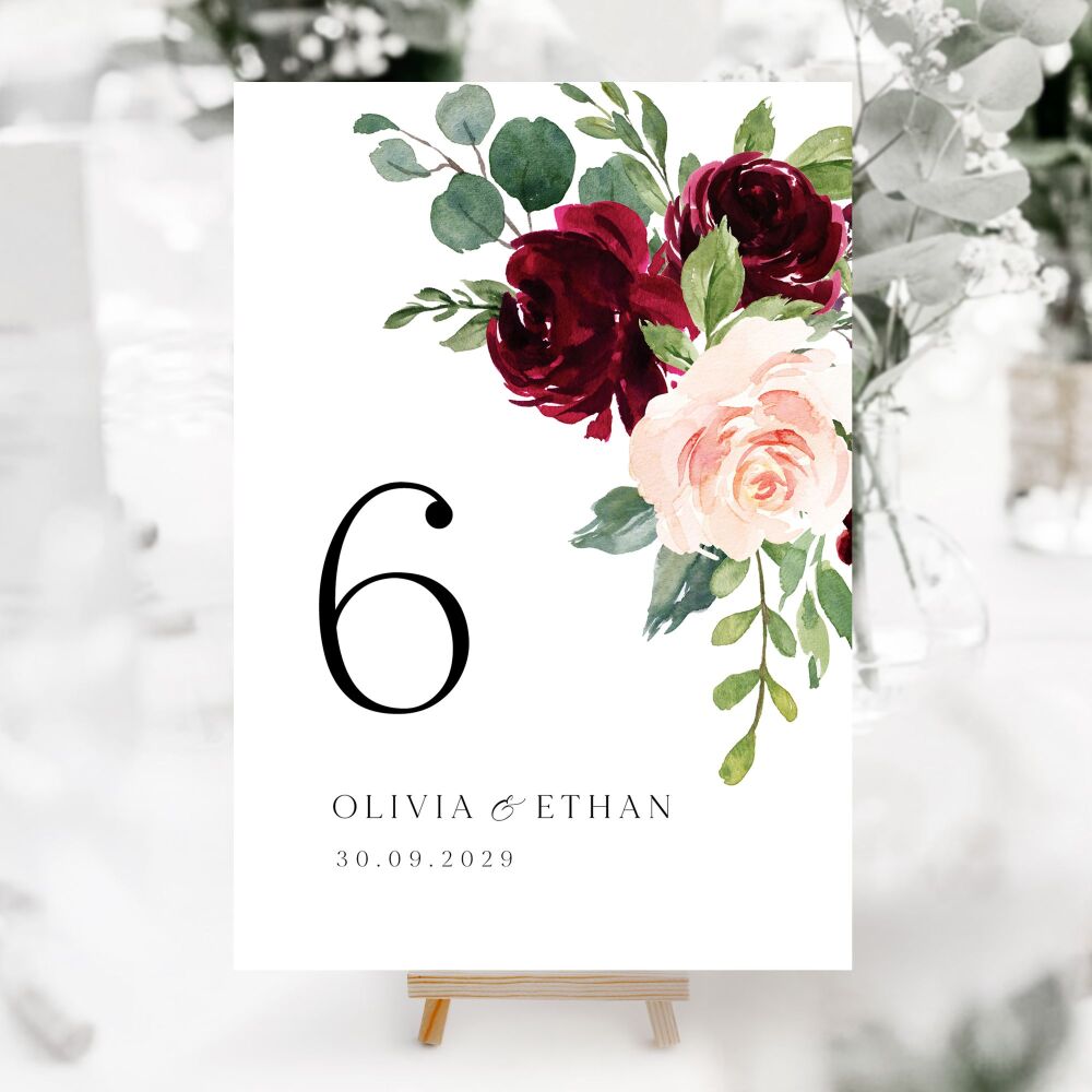 Blush & Burgundy Florals Table Numbers