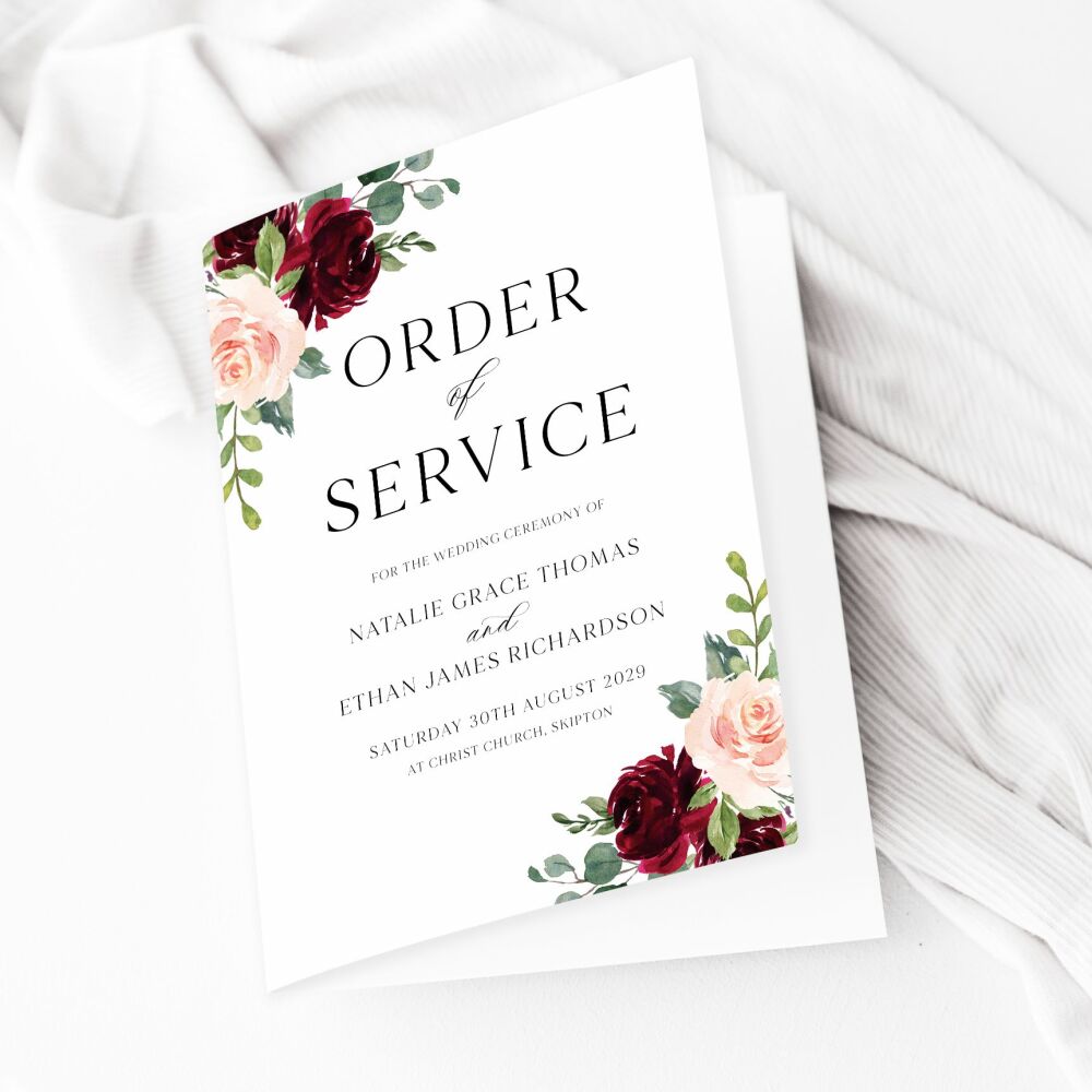 Blush & Burgundy Florals Order of Service Booklet