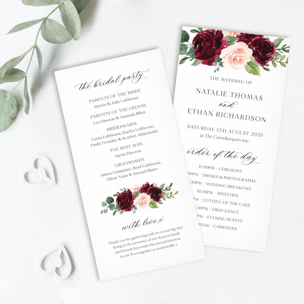 Blush & Burgundy Florals Order of Service Card