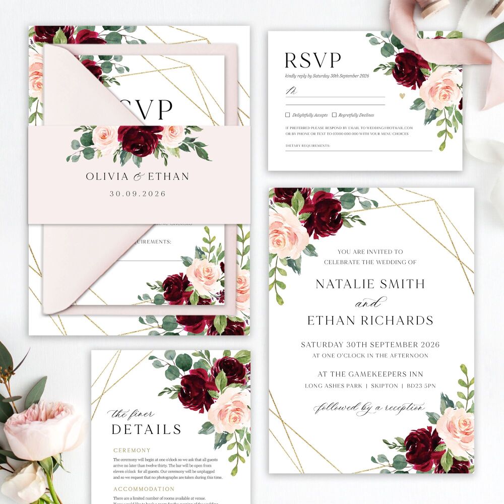 Blush, Burgundy & Gold Wedding Invitation Sample