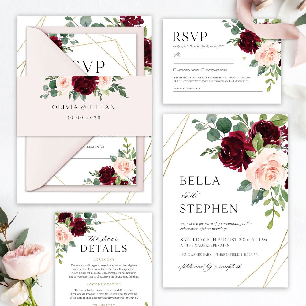 Blush, Burgundy & Gold Wedding Invitation Sample